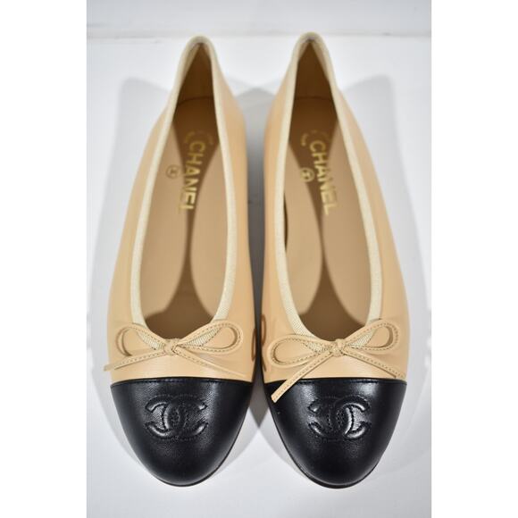 Chanel Beige Black Lambskin Leather CC Logo Bow Tie Ballet Ballerina Flat 37 - Picture 7 of 15